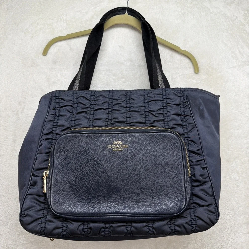 Coach‎ Tote Bag Women's Navy Nylon Leather Trim Shoulder Purse Zip Top